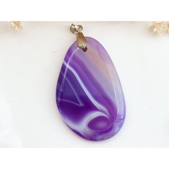 Purple Agate Sliced Smooth Crystal Freeform Silver T Teardrop Vintage Pendant - Picture 2 of 10